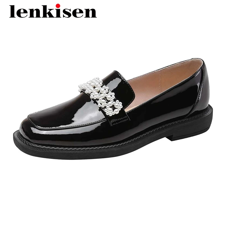 

Lenkisen 2021 spring new shoes genuine leather crystal pearl square toe low heel slip on dress maiden daily wear women pumps L53