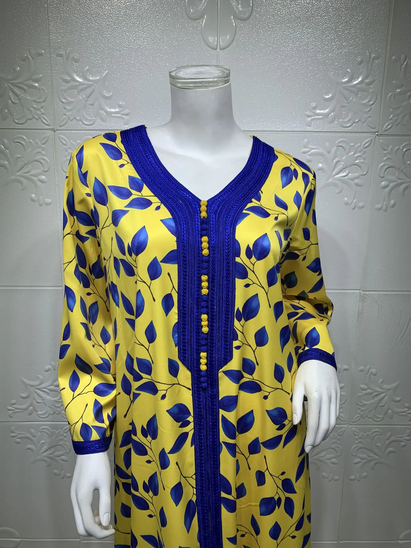 

2021 Jalabiya Arabian Turkey Ins Style Middle East Yellow Leaf Printed Floral Muslim Lady Robe