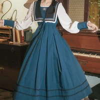 houzhou elegant vintage dress women patchwork long sleeve dress retro court style navy collar spring autumn mori girl robe