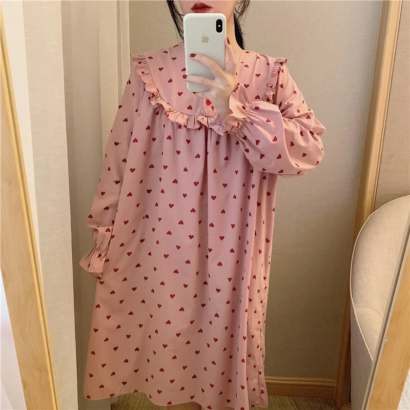 

Pink Heart Print Spring Nightgown Korean Kawaii Long Sleepwear Women Loose Cotton Ins Homewear Autumn Night Dress Ruffles