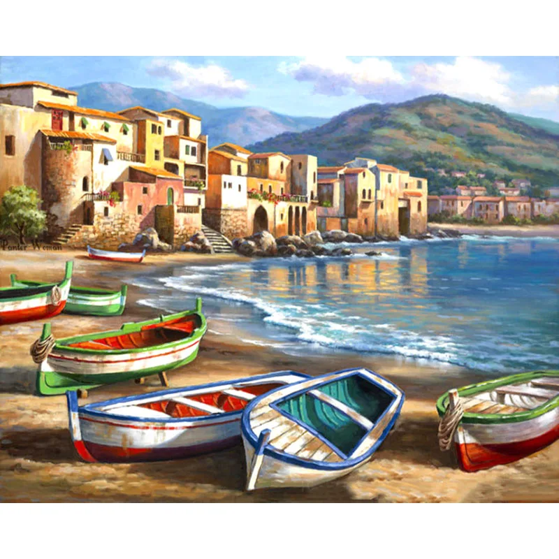 

Landscape Painting By Number Seaside City DIY Kits Color Drawing Frame On Canvas Picture By Numbers For Adults Home Decoration