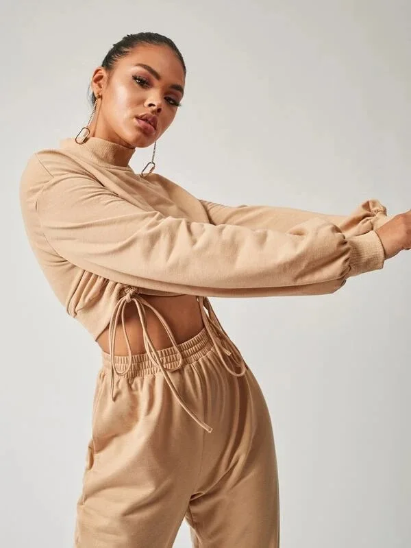 

2 Piece Set Women Long Sleeve Turtleneck Ruched Crop Top and Stretch Pants Outfits Casual Playsuit Wholesale Dropshipping