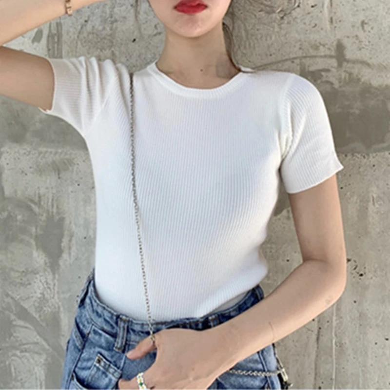 Летняя женская футболка Однотонная с коротким рукавом тонкие вязаные топы