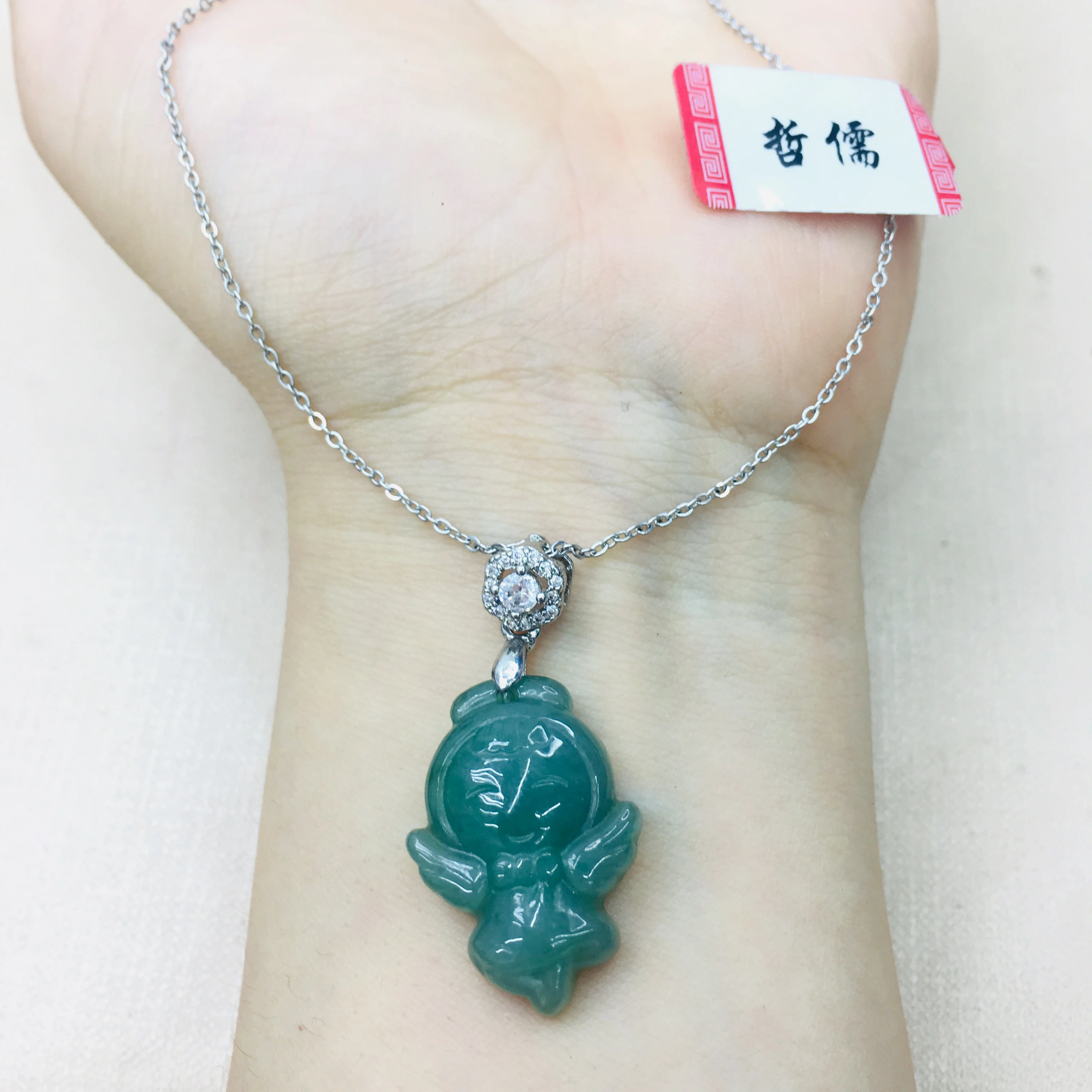 

Natural Burmese Emerald jade carving oil blue angel pendant with 925 sterling silver necklace Elegant lady jade clavicle chain