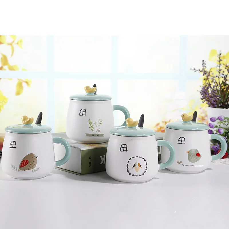 Оригинальная керамическая чашка с изображением сельской местности птиц и марка