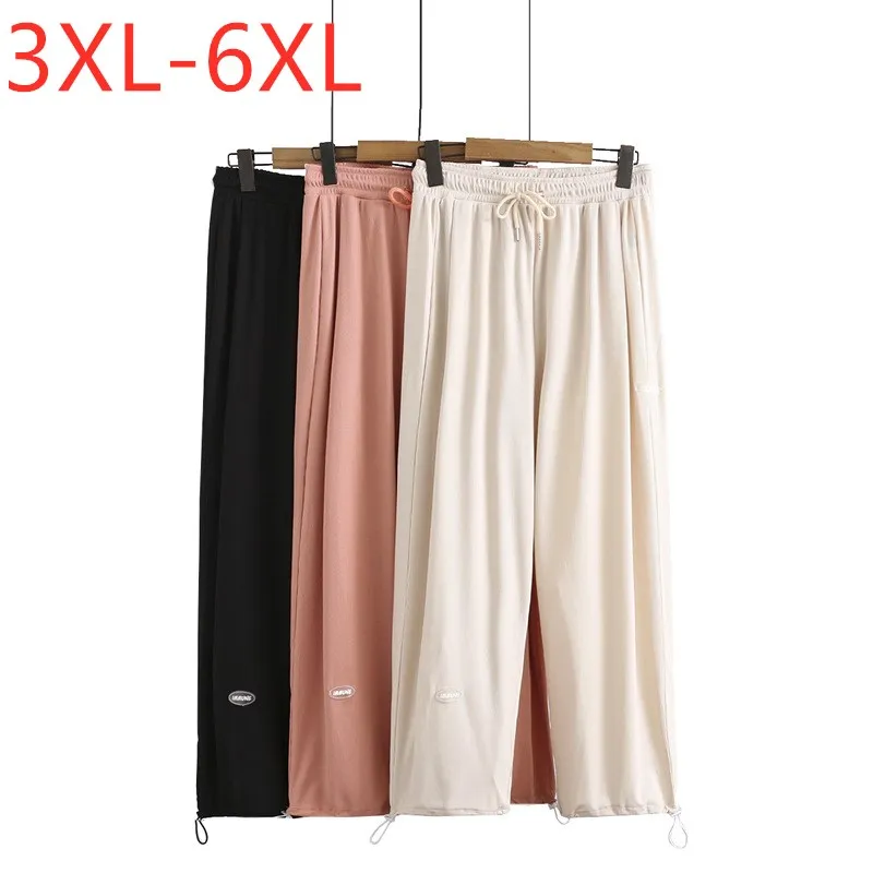 

New 2021 Ladies Summer Plus Size Long Sports Pants For Women Large Loose Casual Beige Belt Straight Trousers 3XL 4XL 5XL 6XL