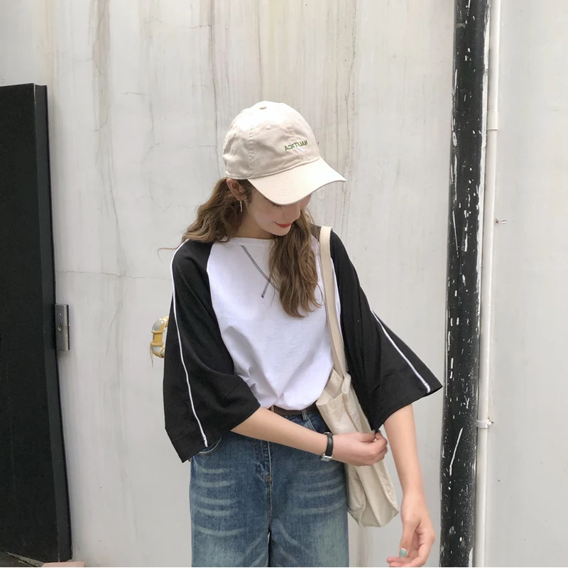 Футболка женская длинная свободного покроя в стиле пэчворк топ Харадзюку