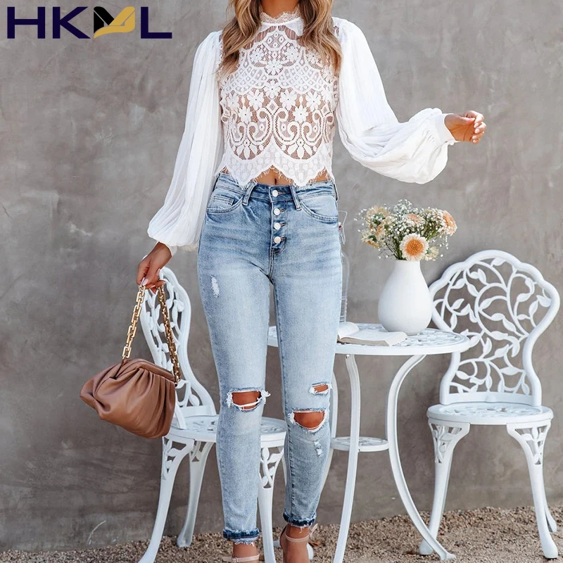 

Autumn 2021 New Women Blouse Solid Color Hollow Lace White Long Puff Sleeve Fashion Sexy Party Office Tops