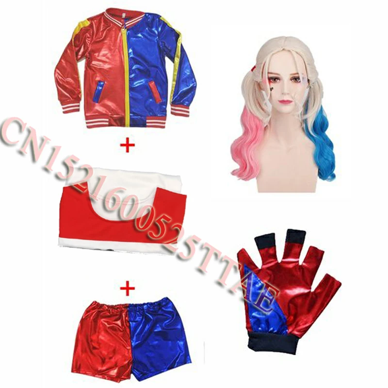 Ходовой товар 5 шт./компл. футболки Харли Квинн для девочек Топ куртка парик