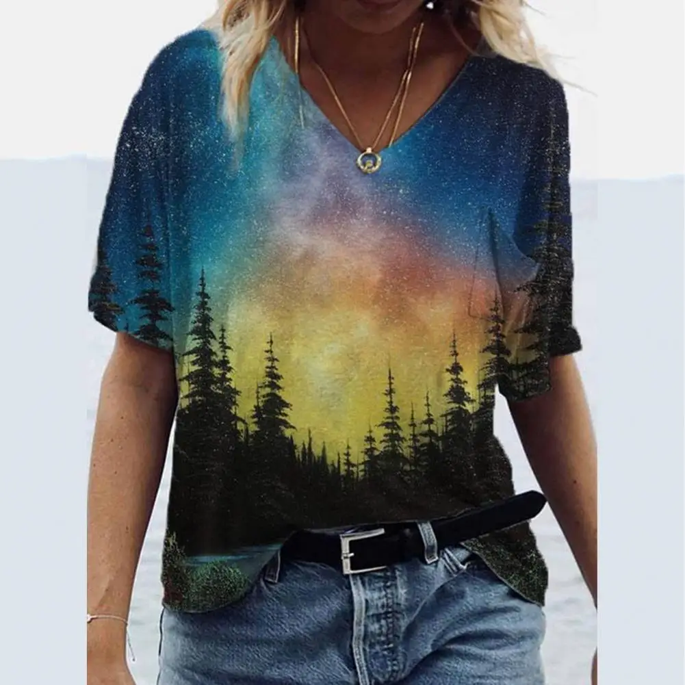 

Женская Винтажная футболка, летние топы с принтом дерева и бабочек, женская Свободная Повседневная Блузка с коротким рукавом и V-образным вы...