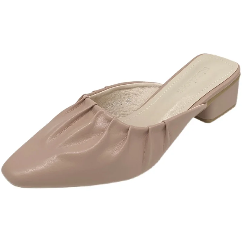 

Square heel Shoes Woman 2021 Female Slippers Med Heeled Mules Cover Toe Shallow Block New Summer High Soft Rubber PU Slides Retr