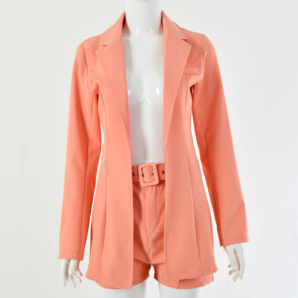 

2021 New Women Spring Summer Strapless Patchwork Sheath Sexy Shorts Female Long Sleeve Loose Belt Fashion Short Pant Set
