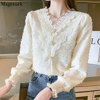 2021 autumn lace bottom shirt elegant v neck hollow out flower womens blouse long sleeve apricot loose tops blusas mujer 16898