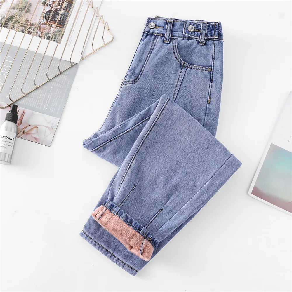 

Plus Size Mom Jeans Fleece Adjustable Elastic Waist Women's Winter Velvet Thick Denim Trousers Warm Loose Slim Harem Pants P9181