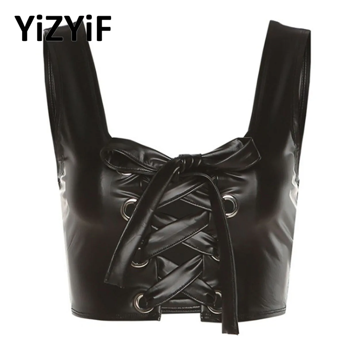 

Кроп-Топ женский из лакированной кожи, на шнуровке, без рукавов