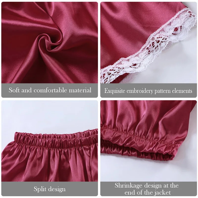 

2pcs Women's Pajamas Sexy Sleeveless Lace Low Collar Top And Shorts Suit Women V-Neck Stretch Satin Babydoll Sleepwear nighty