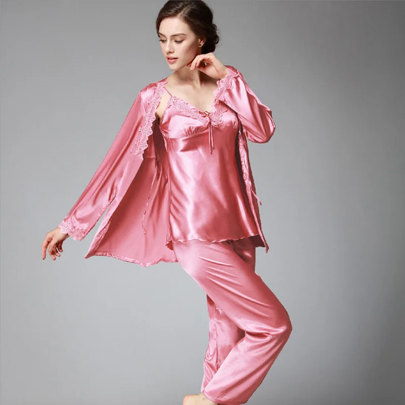Women's Pajamas Sets Spring Ice Silk Sling Nightgown Robe Long Pants 3Pcs Suit Large Size Home Wear Sleep Tops Sexy Sleepwear