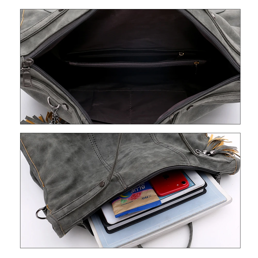 Сумка женская с кисточками и шипами модная матовая вместительная мотоциклетная