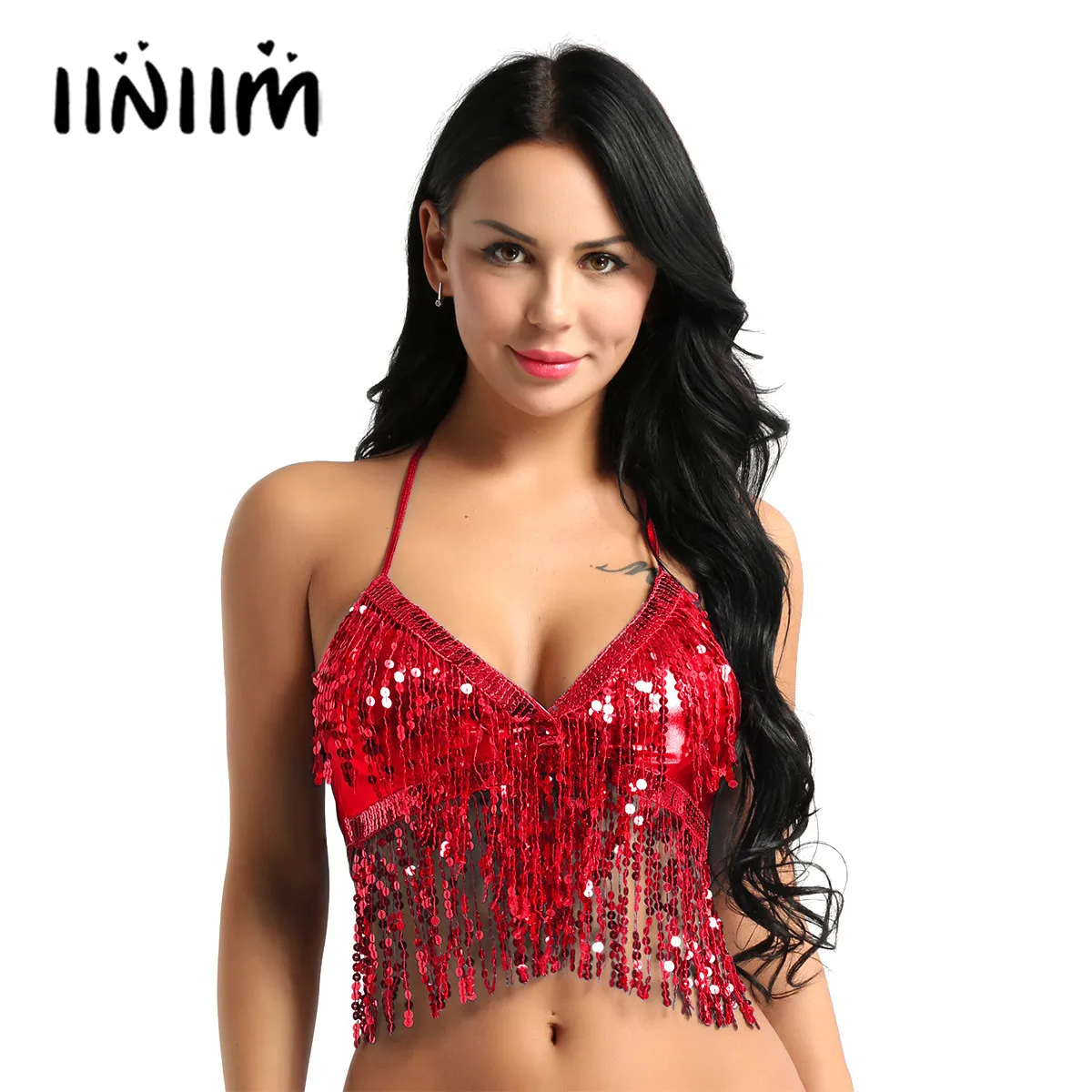 

Womens Ladies Sequins Tassel Belly Top Dancewear Back Tie Latin Belly Cocktail Bra Top Party Clubwear Costumes Sexy Crop Tops