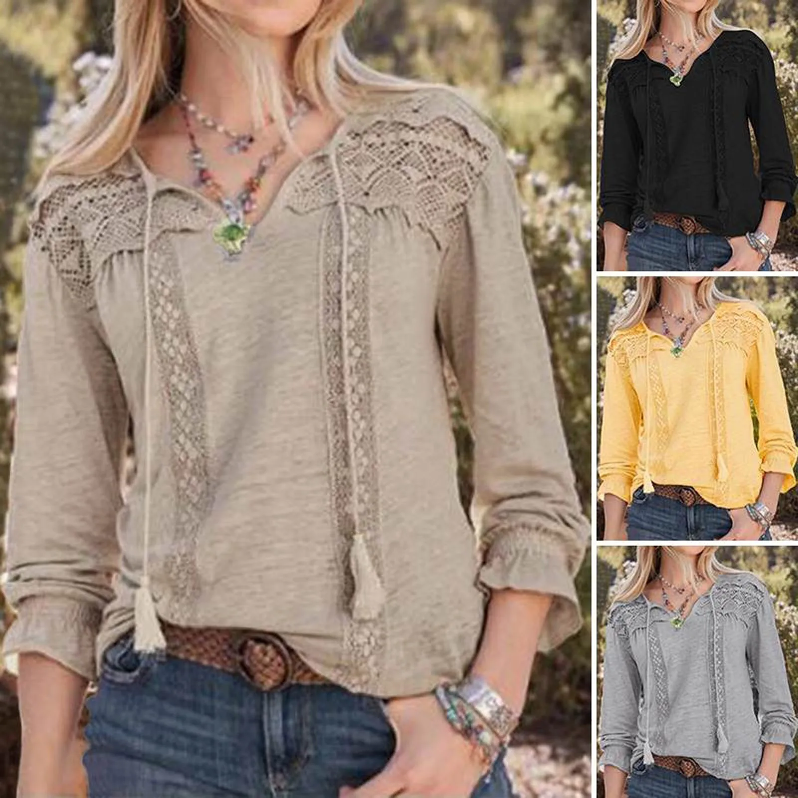 

Размера плюс модная блуза из смешанных материалов с кружевом, Свободная Женская футболка Топ с V-образным вырезом Футболка Повседневная зим...