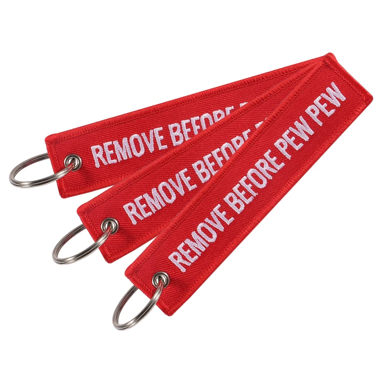 

Remove Before Pew Pew Key Ring Red Embroidery Key Tag Label Key Fobs OEM Keychain Jewelry Motorcycle Keyring Chaveiro