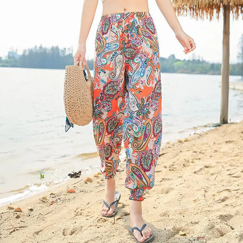 Новые богемные шаровары готические штаны тонкие женские с принтом пляжные до