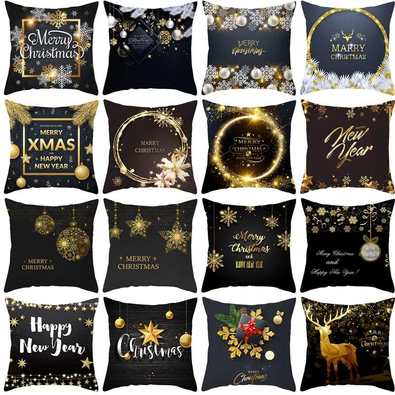 

Household Peach Skin Black Gold Christmas Pillowcase New Snowflake Alphabet Sofa Decoration Sofa Pillowcase Wholesale