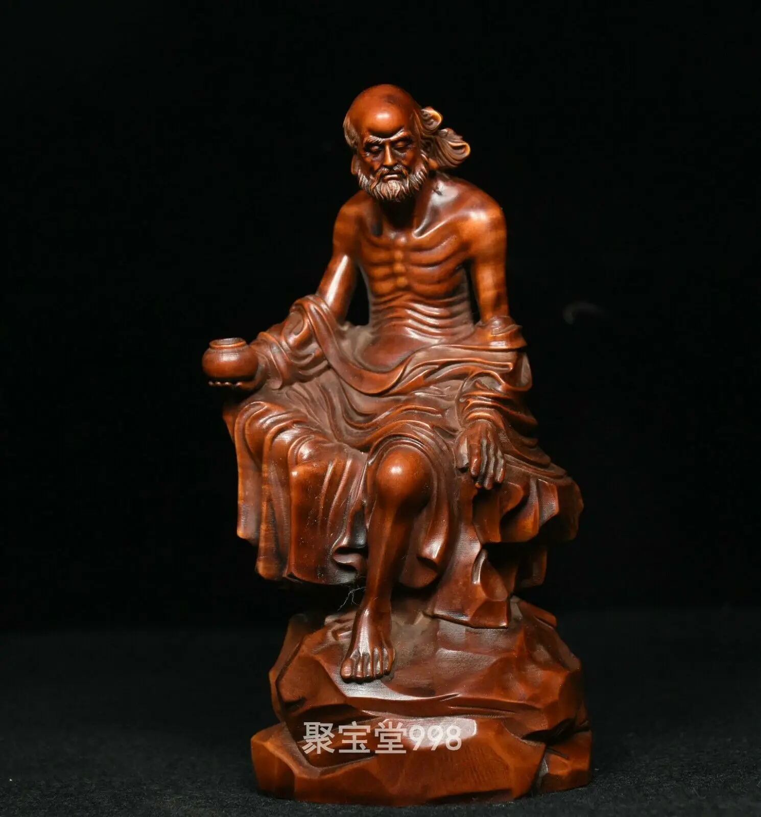 

wedding decoration Old Chinese Boxwood Wood Carved Sit Arhat Damo Bodhidharma Dharma Buddha Statue