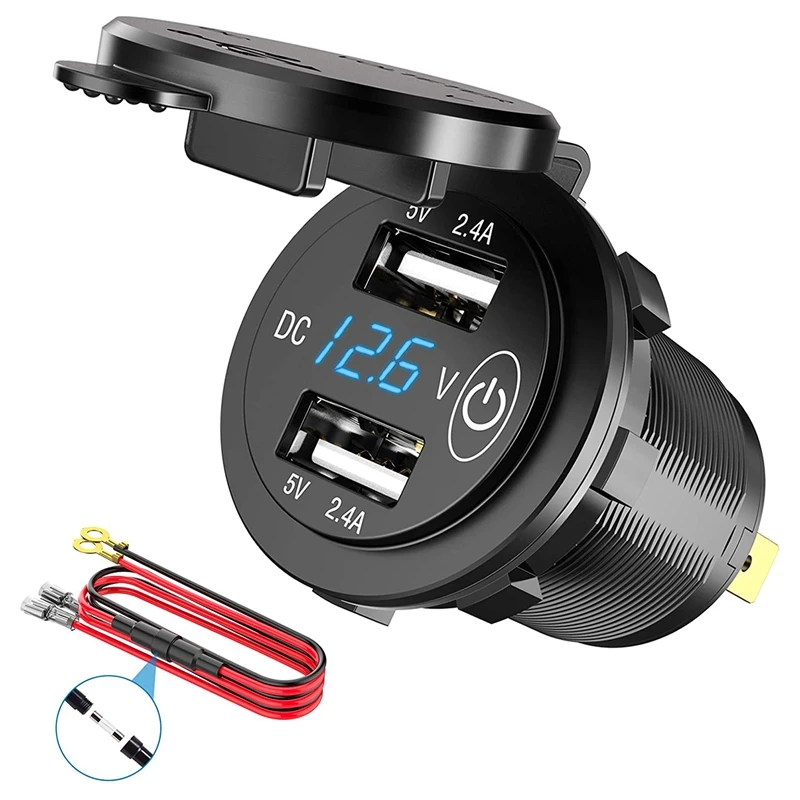 

12V USB Outlet, Waterproof 12V/24V 24W 4.8A Dual USB Charger Socket Power Outlet Adapter with LED Voltmeter Switch