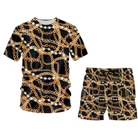 ifpd 3d print crown golden chain luxury 2 pieces suit baroque style mens t shirt and shorts summer set oversized tracksuits