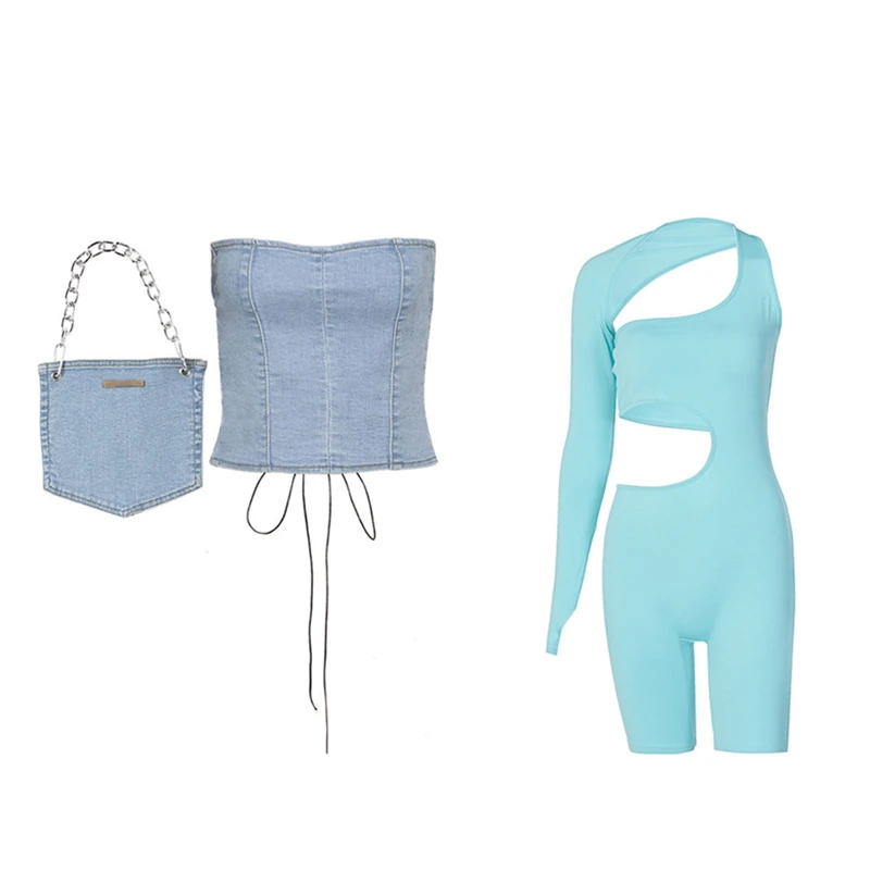 

2X Stylish Patchwork Strappy Denim Tube Top Corset + Bag & 1X Asymmetrical Solid Women Rompers Basic Jumpsuits Blue S