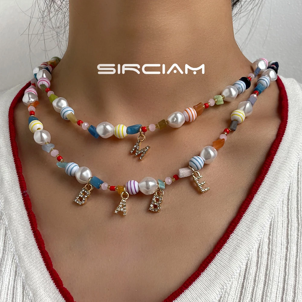 

2021 New Custom Crystal Letter Pearls Beaded Necklace For Women Candy Color Bead Name Initial Choker DIY Necklaces Sweet Jewelry