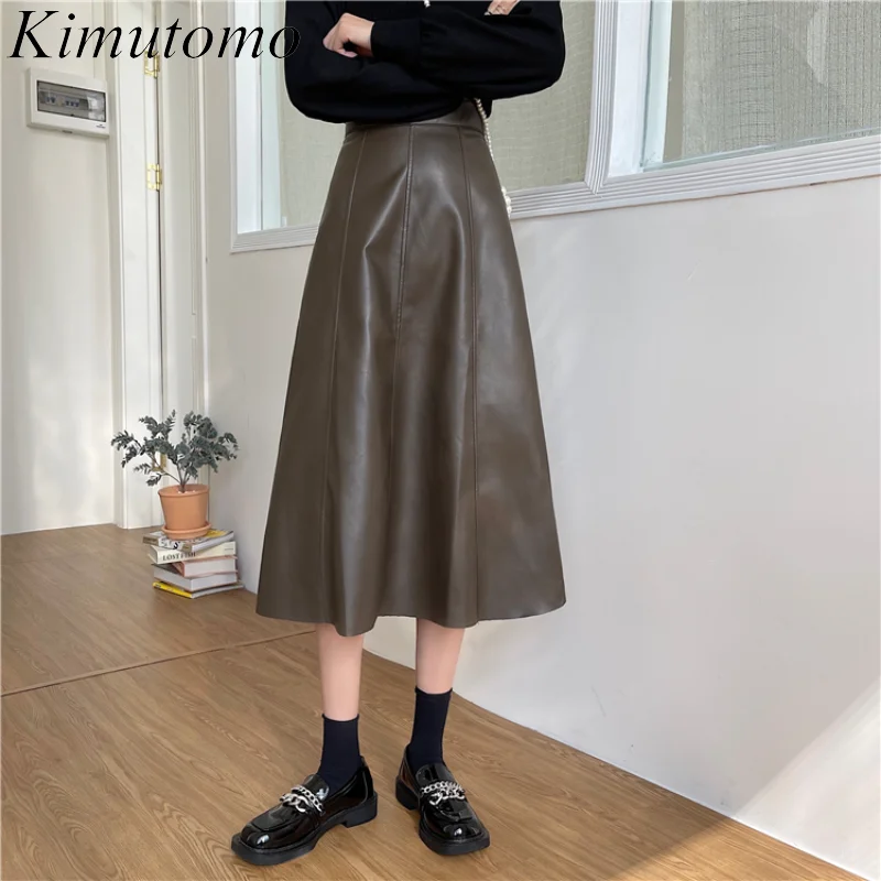 

Kimutomo шикарные женские юбки из искусственной кожи осень-зима 2021 новая однотонная модная Универсальная Женская трапециевидная юбка на молни...