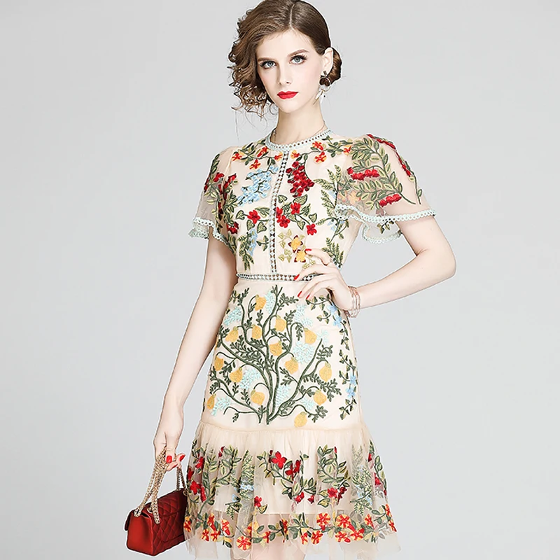 

Runway Fashion Brand Designer Women O-Collar Dress Summer Flare Sleeve Floral Mesh High-End Embroidery Elegant Party Dresses
