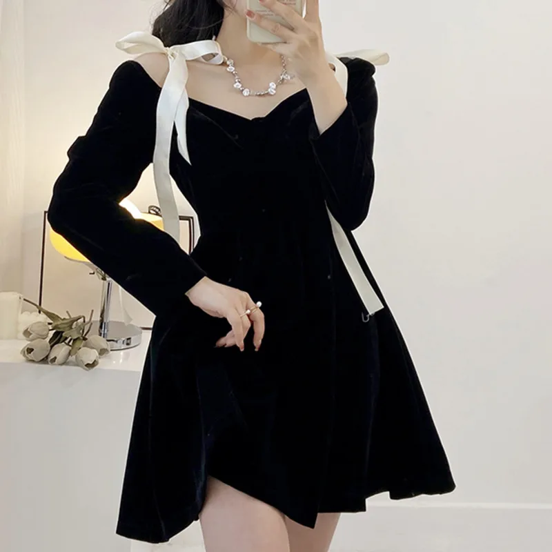 

Kywommnz Women A-Line Splicing Dress, Bandage Draw Back Long Sleeve, Thin Black MINI Skirt, Autumn 2021, E4340