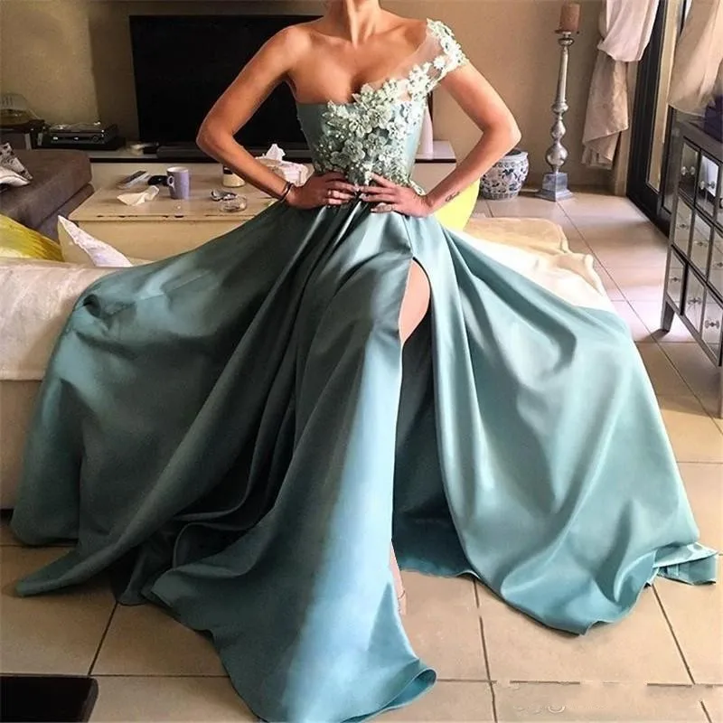

Sexy Side Slit Arabic One Shoulder Formal Evening Dress A Line Appliques Lace Flowers Long Turky African Prom Party Dresses