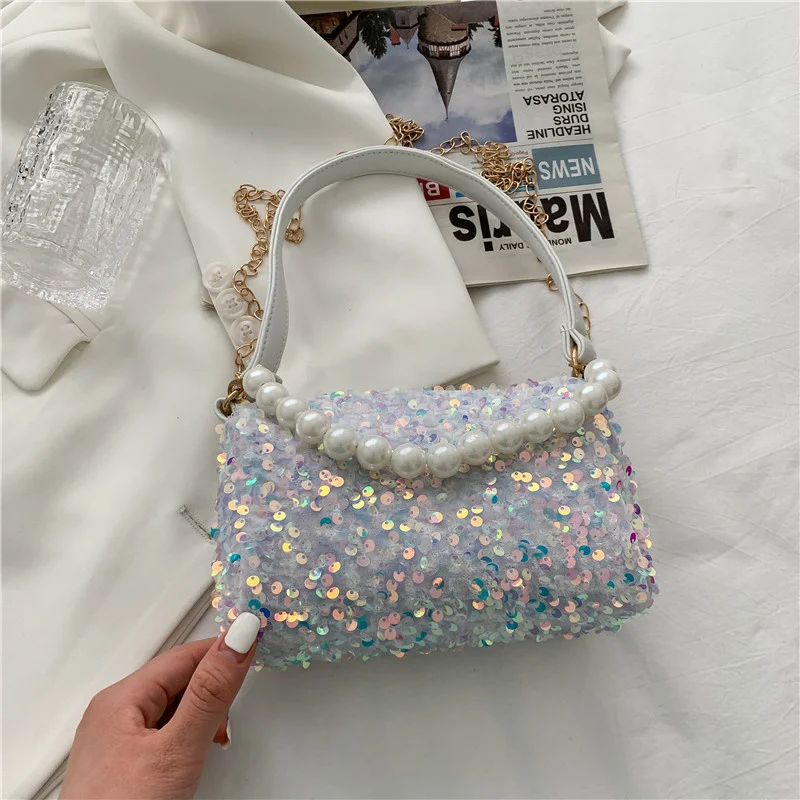 

2021 Summer New Waterproof Dustproof Cosmetic Storage Bag Women's Go Out Must-Have Fashion ZIP Pearl Chain Items Organizer Bag