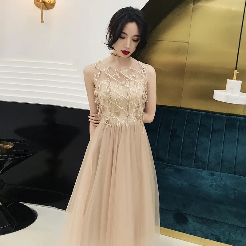 

Women Exquisite Sequins Tassel Trim Banquet Gown Gray Temperament Elegant Evening Party Dress Sweet Mesh Pleated Dresses XS-3XL