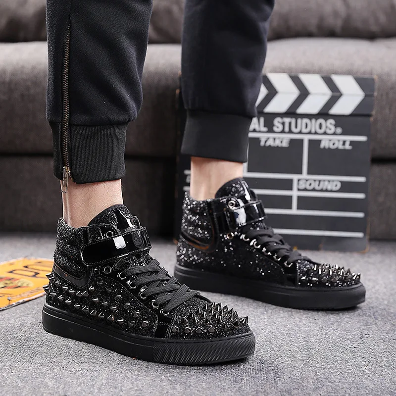 

2021 Men Fashion Sneakers Lace Up Bling Shoes Male Gold Silver High Tops Men Super Cool Sneakers Glitter Flats Shoes YY-02