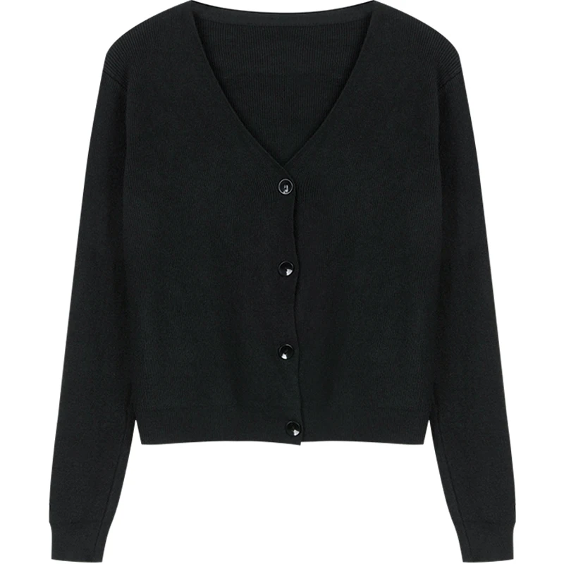 

2021spring and Autumn New Korean Style V-neck Long Sleeve Black Top Idle Style Thin Cardigan Jacket Women's Sweater