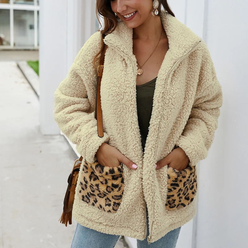 

New Winter Warm Women Fleece Fur Long sleeve Coat Jacket Casual Leopard Pocket Thick Zipper Coat Jacket Outwear