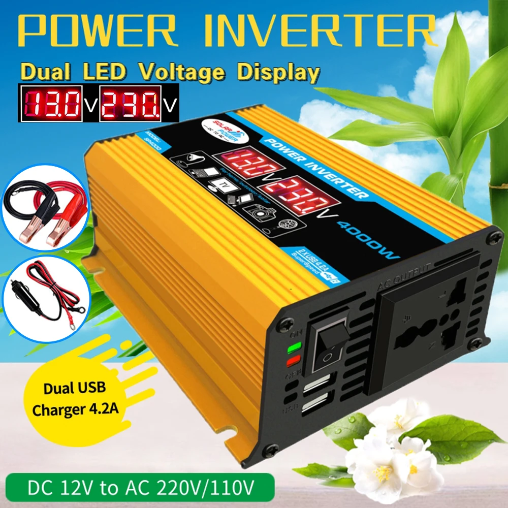 

4000W Power Inverter Car Power Inverter With 2 USB Ports And AC Outlet 300Watt Continuous Power Fast Charging 12V 220V 12V 110V
