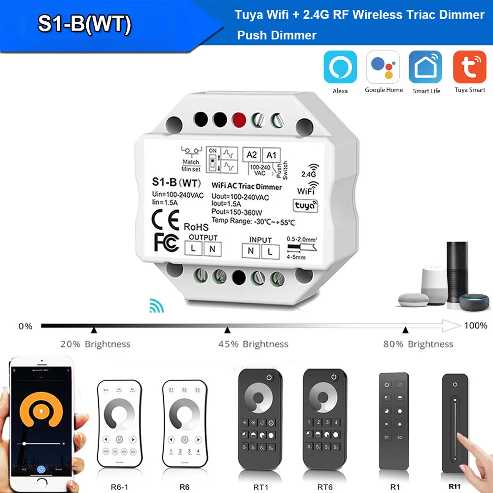 

Tuya WIFI S1-B (WT) AC 110V-220V Triac LED Wireless RF Dimmer Push Switch 2.4G Wireless dimming Remote Controller For Alexa Echo