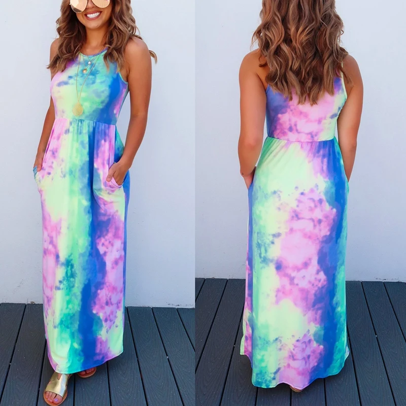 

Women's Summer Hanging Neck Strap Pocket Casual Tie-Dye Printing Dresses Color