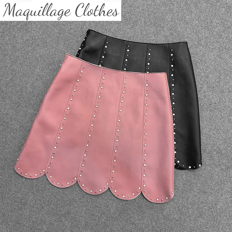 

Autumn Spring Women High Quality diamonds Real leather Skirts Chic sheepskin Genuine leather mini skirt C616