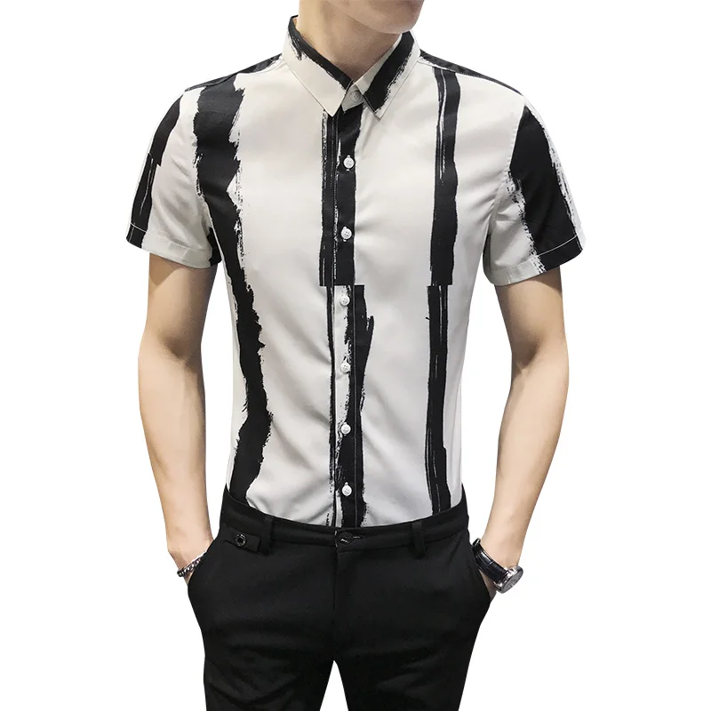 Рубашка мужская приталенная в полоску модная сорочка с коротким рукавом