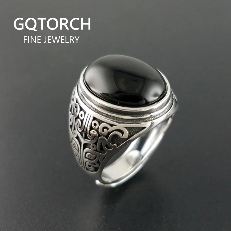 Настоящее чистое 925 пробы Серебряное черное кольцо с натуральный камень оникс