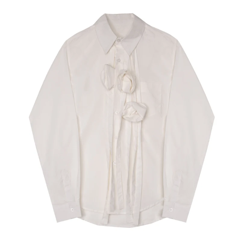 

[EAM] Women Black Three-dimensional Flower Blouse New Lapel Long Sleeve Loose Fit Shirt Fashion Tide Spring Autumn 2021 1DB121