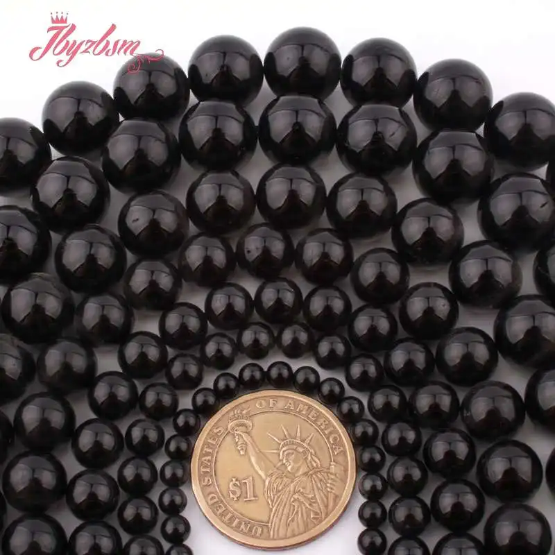 Круглые Гладкие Черные турмалиновые бусины из натурального камня