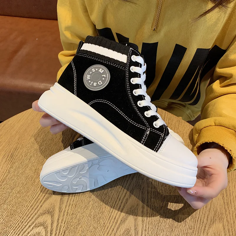 

High Top Sneakers PU Casual Shoes White Flat Female Vulcanized Shoe Lace Up Solid Chaussure Femme Women Shoes Woman Sneakers